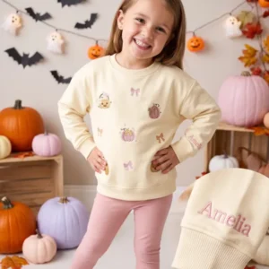 Pink Pumpkin Embroidered Bamboo Crewneck Sweatshirt