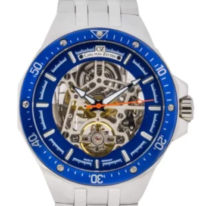 Carl von Zeyten Herrenuhr mit skelettiertem Automatikwerk, blauem Zifferblatt, silbernem Edelstahlband