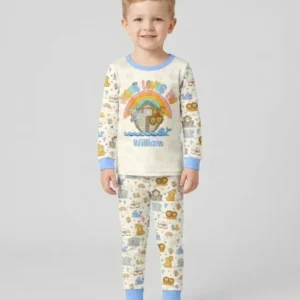 Custom Name Noah's Ark Jesus Loves Me Bamboo Two Piece Long Sleeve Pajama Set
