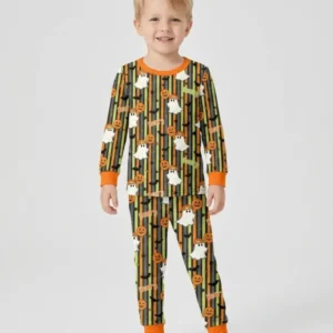 Custom Name Ghost Holding Balloon Bamboo Two Piece Long Sleeve Pajama Set
