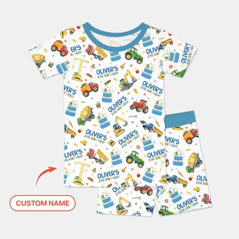 Custom Name Little Builder's Birthday Bamboo Two Piece Short Sleeve Shorts Pajama Set
