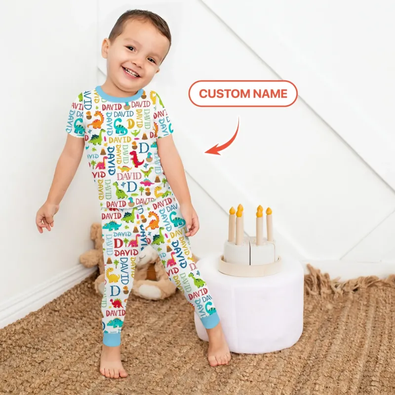Personalized Fantasy Dinosaur Word Bamboo Two Piece Short Sleeve Pajama Set