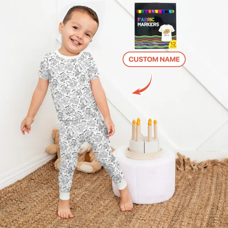 Construction Vehicules Custom Name Colorable Bamboo Two Piece Short Sleeve Pajama Set