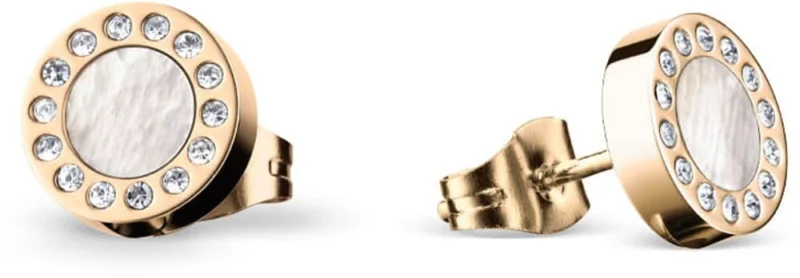 Goldfarbene Ohrringe aus Edelstahl mit runder Fassung, Perlmutt-Optik und Zirkonia