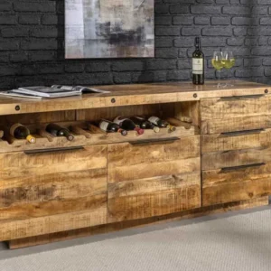Massives Sideboard IRON CRAFT 175cm natur Mangoholz mit Schubladen Weinregal
