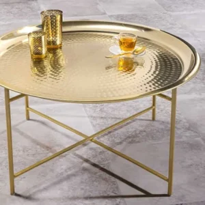 ORIENT Runder Couchtisch 70cm messing gold abnehmbares Tablett klappbar Hammerschlag Design