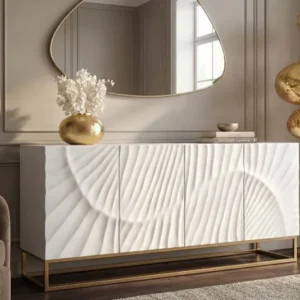 Massives Sideboard SCORPION 180cm weiß Mangoholz gold Metall 3D-Schnitzereien