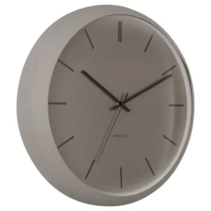 Wanduhr mit grauem Zifferblatt und schwarzem Rahmen, rund