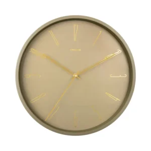 Runde Wanduhr mit dunkelgrünem Rahmen, goldenen Zeigern und beigem Ziffernblatt