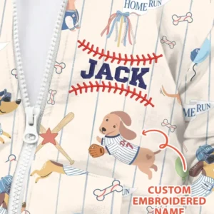 Personalized Embroidered Name Dachshund Baseball Bamboo Zip Hoodie