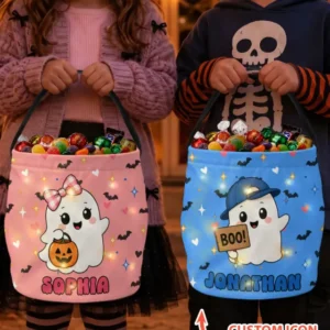 Cute Halloween Ghost Custom Name Led Light Bucket Bag