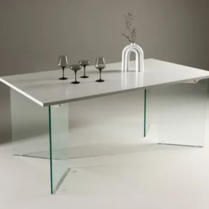 Esstisch Brevon - moderner Esstisch auf einem Glasgestell mit hellgrauer Tischplatte