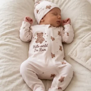Teddy Bear Hello World Embroidered Bamboo Zipper Footie