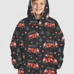 Valentine Fire Trucks Wearable Bamboo Blanket Hoodie