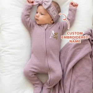Personalized Cute Bear Embroidered Waffle Bamboo Zipper Footie