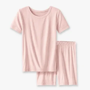 Sakura Ribbed Bamboo Two Piece Short Sleeve Shorts Pajama Set