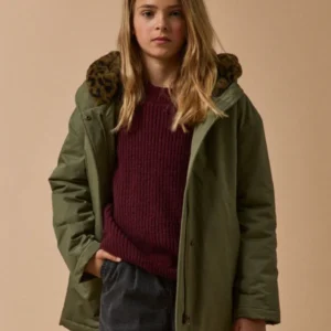 Mädchen-Parka, kurz, mit Leoprint-Futter