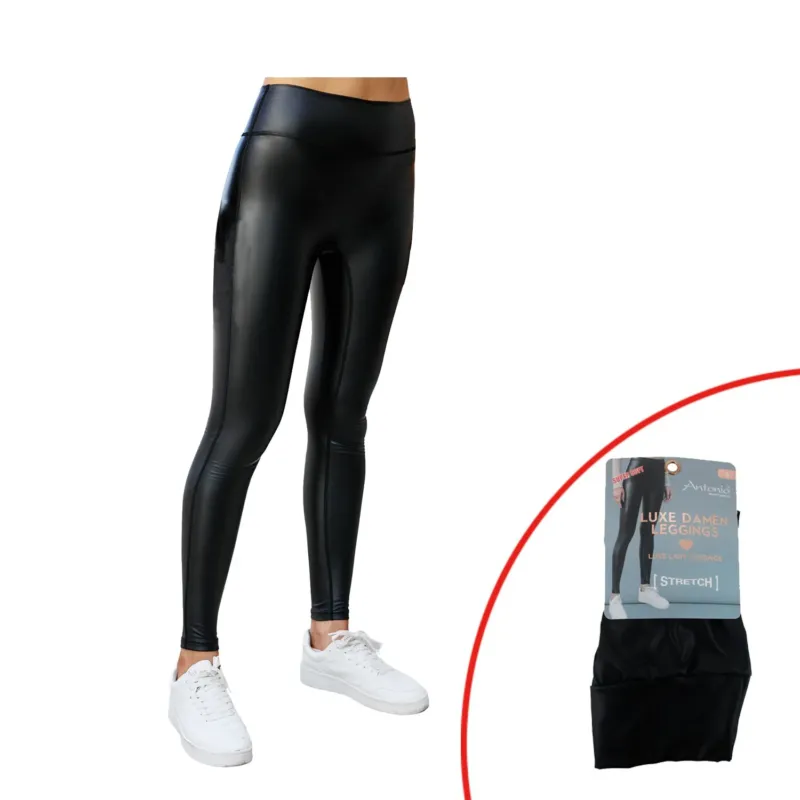 Damen Leggings Wet Look Schwarz » High-Waist Lederoptik Yogahose » Kunstleder-Leggings Formender Effekt