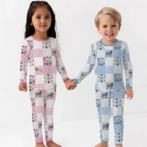 Frenchies Patchwork Family Matching Bamboo Two Piece Long Sleeve Pajama Set