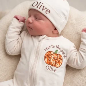 Custom Name New To The Pumpkin Patch Applique Embroidered Bamboo Zipper Footie