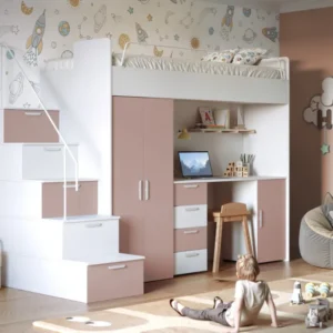 Kinderhochbett Dream Matt – mit Schreibtisch, viel Stauraum & Matratze