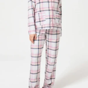 Pyjama chaud femme boutonné à carreaux rose 1