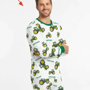 Custom Name Green Tractors Matching Daddy & Me Bamboo Men's Pajama Set