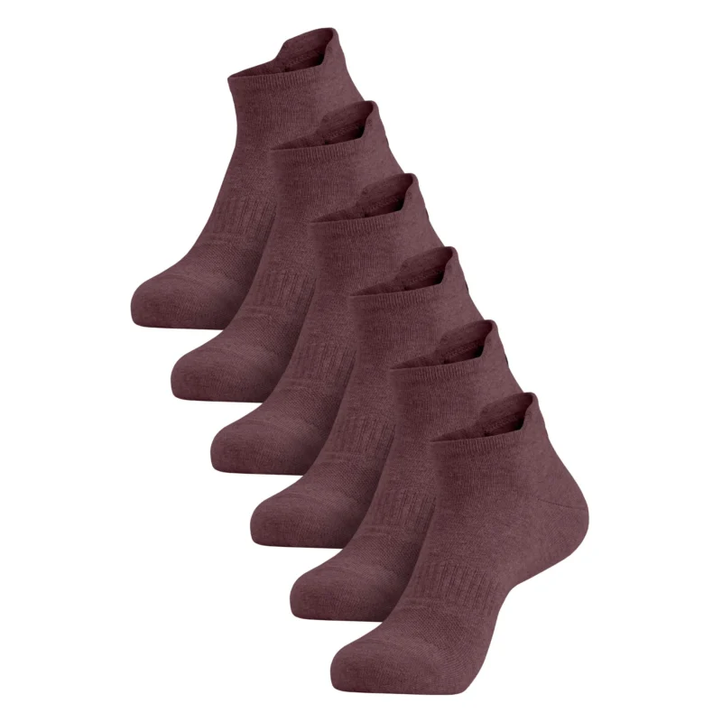 A six-pack of dark pink adult ankle socks arranged in a diagonal row against a white background.