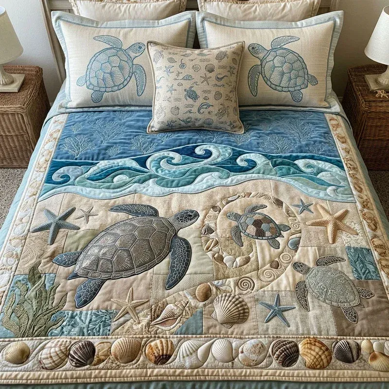 Aqua Crest Shore Bamboo Quilt Bedding Set