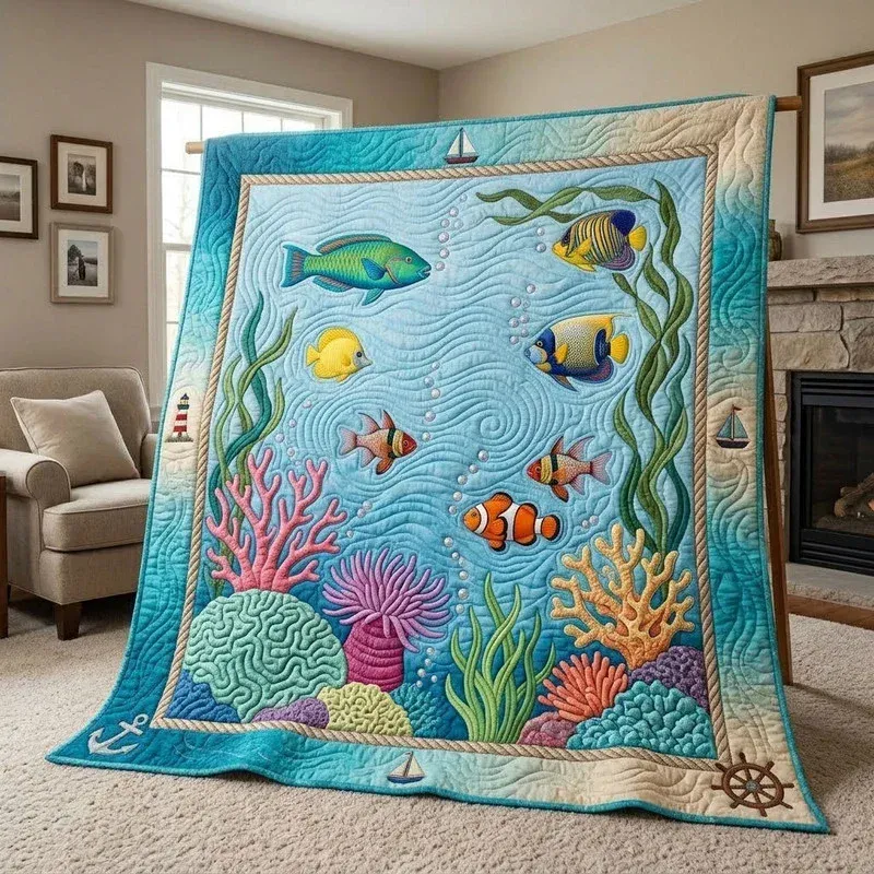 Aqua Horizon Marine Bamboo Quilt Blanket