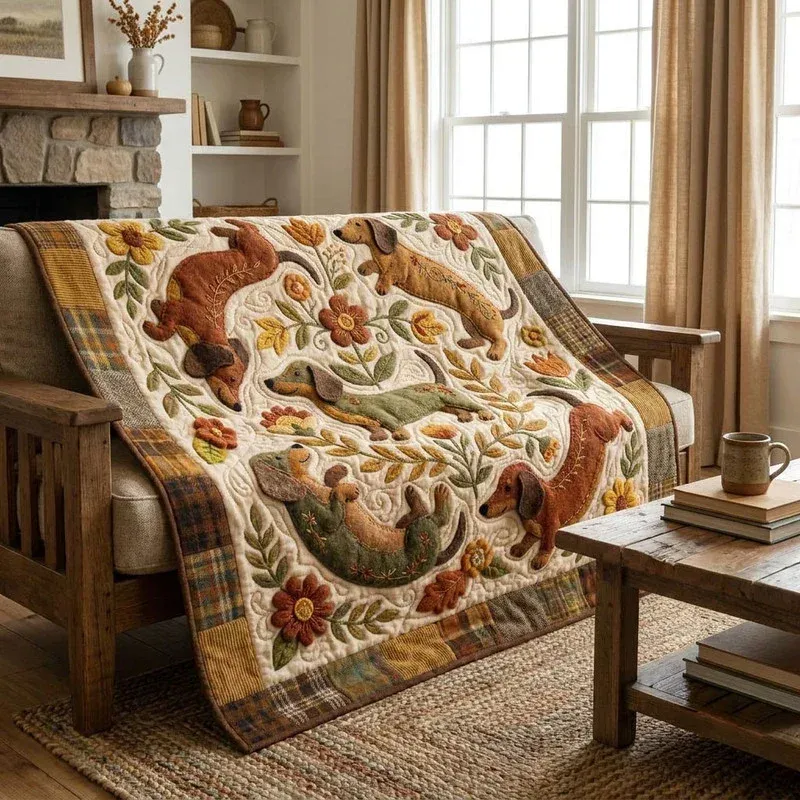 Autumn Sausage Dog Bamboo Quilt Blanket
