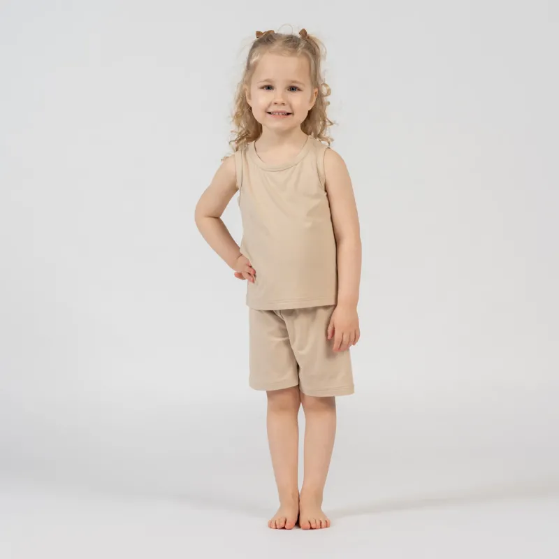 Kids beige bamboo sleeveless top and shorts set, soft and breathable outfit for warm days.
