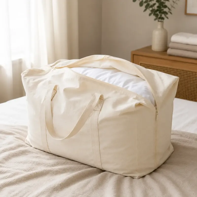 Naturfarbene Baumwolltasche mit Daunendecke auf einem Bett