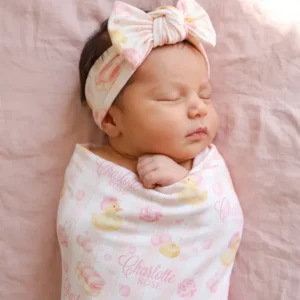 Personalized Bubble Duckies Pink Bamboo Swaddle Blanket