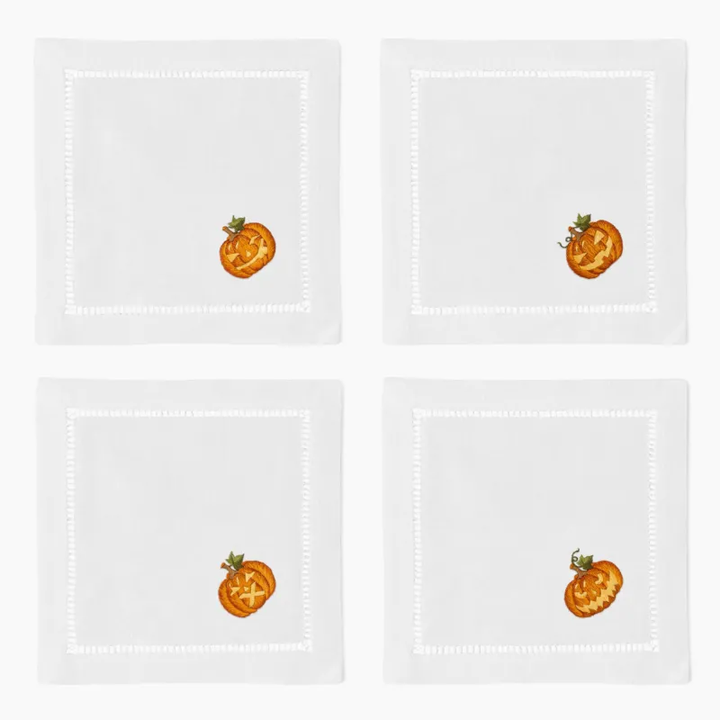 Henry Handwork white linen cocktail napkins with embroidered jack-o-lantern, set of four.
