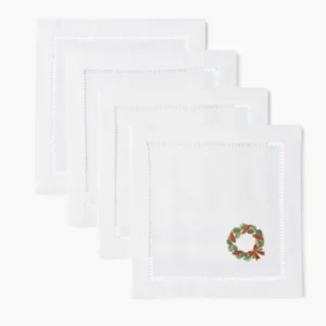 Henry Handwork Holly Ribbon Wreath white linen cocktail napkins with hemstitch border, set of 4.