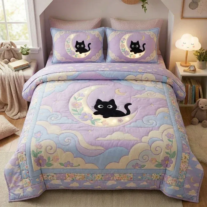 Cat Moon Slumber Bamboo Quilt Bedding Set