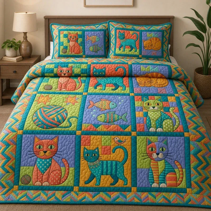 Chevron Cat Vibe Bamboo Quilt Bedding Set