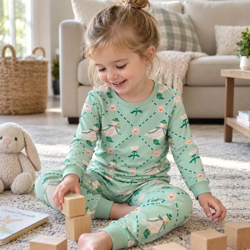Cottage Duck and Flowers Bamboo Two Piece Long Sleeve Pajama Set
