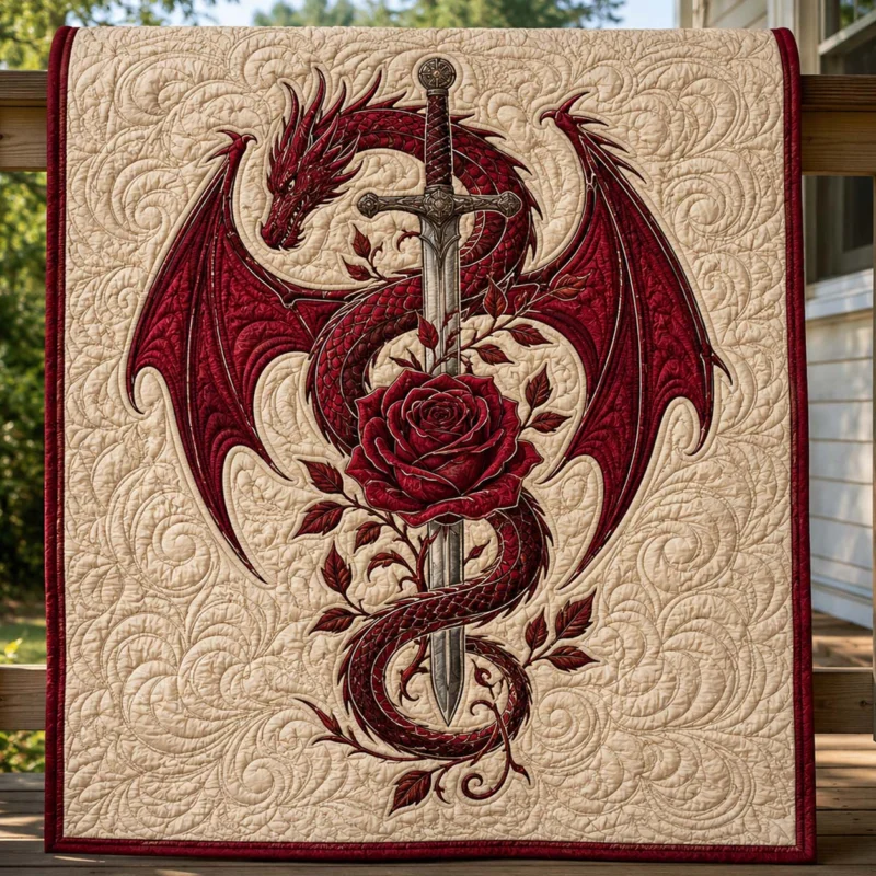 Crimson Dragon Sword Rose Bamboo Quilt Blanket