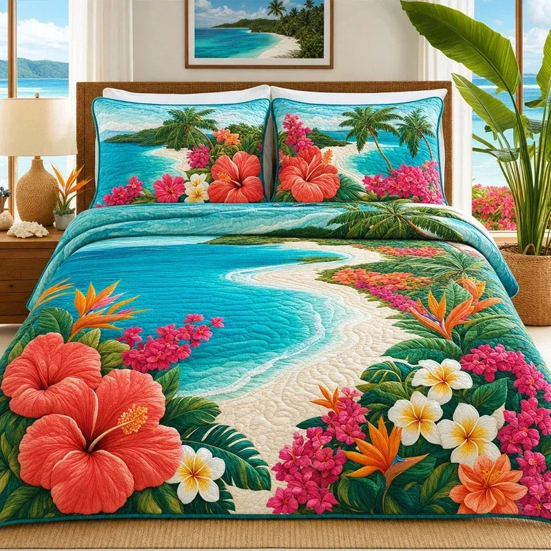 Deep Wave Tropical Bamboo Quilt Bedding Set