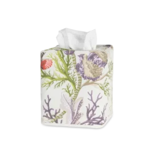 Matouk Del Tesoro linen tissue box cover with coral and seaweed print in purple and green.