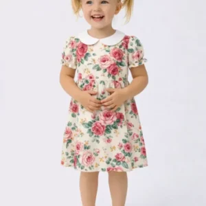 Timeless Pink Rose Garden Bamboo Peter Pan Collar Dress