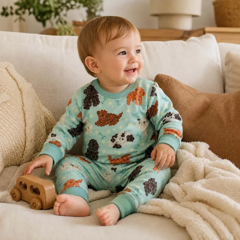 Fluffy Puppy Friends Bamboo Two Piece Long Sleeve Pajama Set