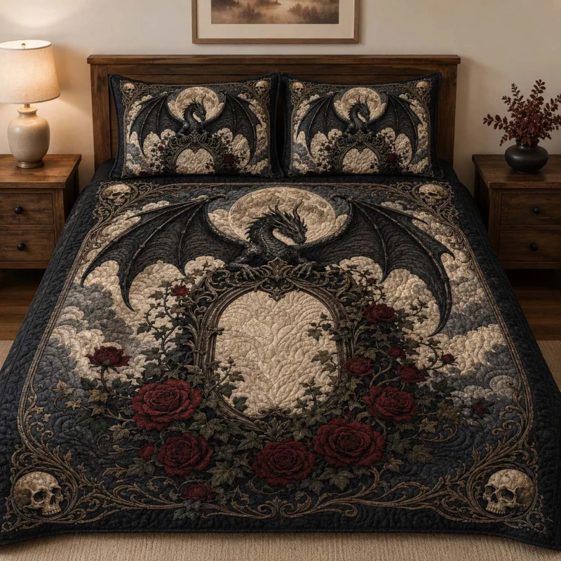 Gothic Moon Dragon and Roses Bamboo Quilt Bedding Set