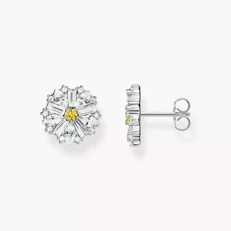 Silberne Ohrstecker Blume mit gelbem Zentrum und funkelnden Steinen