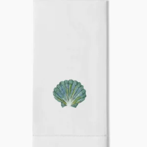 Henry Handwork white linen hand towel with embroidered teal scallop shell motif.