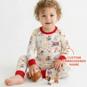 Personalized Embroidered Name Dachshund Baseball Bamboo Two Piece Long Sleeve Pajama Set
