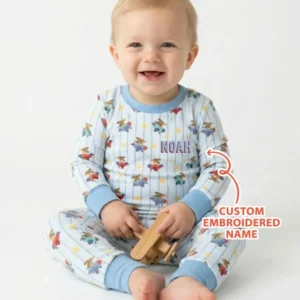 Custom Name Embroidered Dachshund Pilot Bamboo Two Piece Long Sleeve Pajama Set