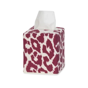 Matouk Iconic Leopard tissue box cover in crimson and ivory leopard print.